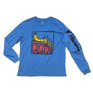 Gap Keith Haring T-Shirt Mens Blue Telephone Graphic Print Long Sleeve Sz L